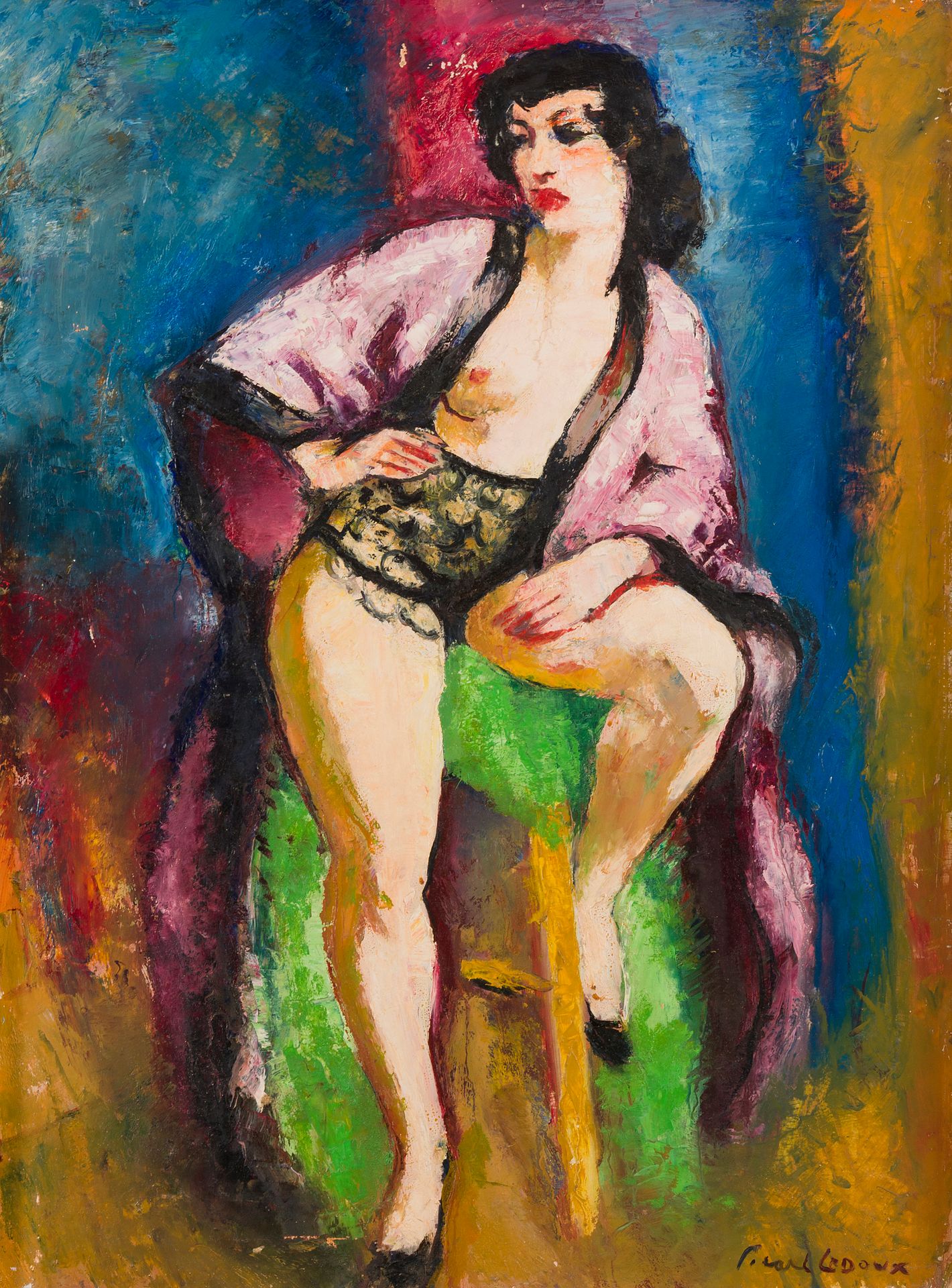 Null 查尔斯-皮卡特-勒杜 (1881-1959)
坐在凳子上的裸体，1950年
右下角有签名的伊索莱尔上的油画
81 x 60厘米
(小块缺失)