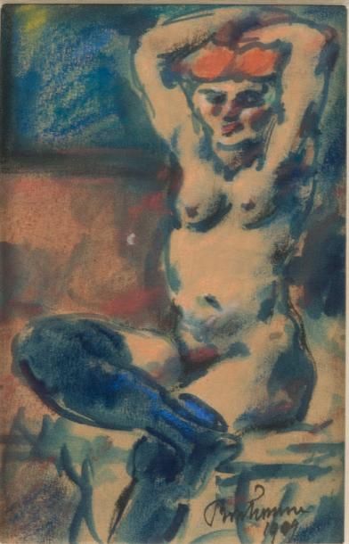 Léon BONHOMME (1870-1924) 
Nu les bras levés.
Encre et aquarelle sur papier..
Da&hellip;