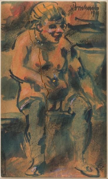 Léon BONHOMME (1870-1924) 
Nu assis.
Encre et aquarelle sur papier (accident).
S&hellip;