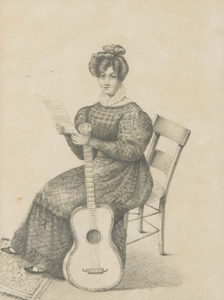 ECOLE FRANCAISE DU XIXème siècle Femme assise tenant une guitare.
Pierre noire.
&hellip;