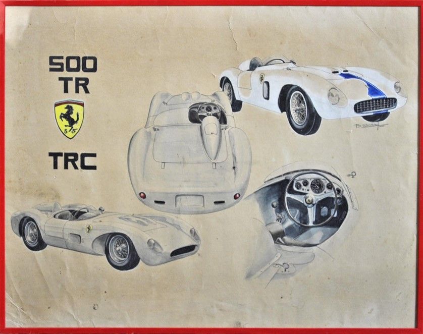 Null J. BRAUER. Ferrari 500 TRC, aquarelle signée à droite (38x49cm)