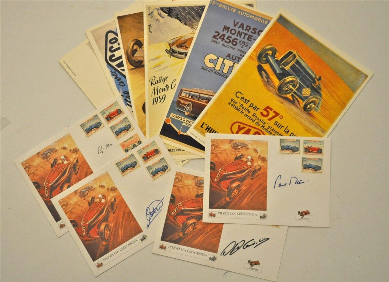Null 一套4个贴有邮票的信封 "1967年摩纳哥大奖赛"，由Géo HAM绘制+车手签名+6张由YACCO在1980年出版的CITROËN海报复制品