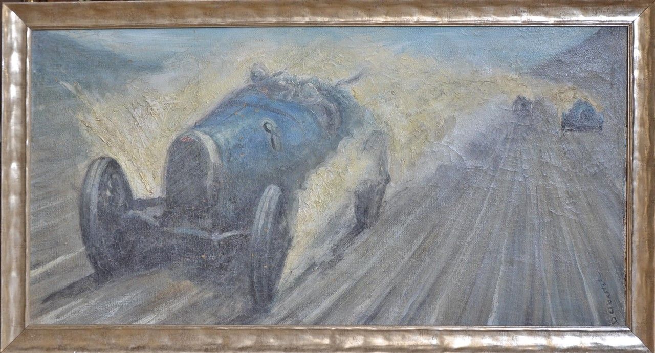 BUGATTI École Française. Bugatti en course. Huile sur toile. Signée en bas à dro&hellip;