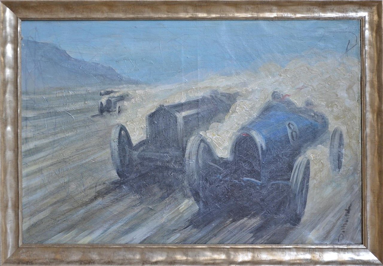 BUGATTI French school. Bugatti in a race. Oil on canvas. Signed lower right. 50x&hellip;
