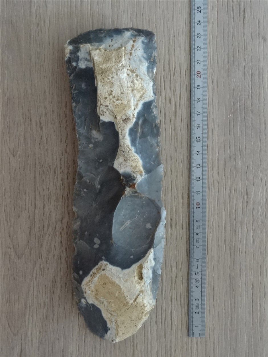 Null 大块的灰色燧石切口在板上，有皮质的遗迹。

新石器时代，Troussancourt（瓦兹）。 长：23厘米