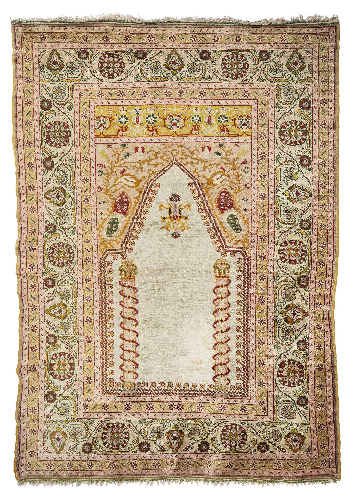 Null 丝绸KAYCÉRI地毯（小亚洲），20世纪初

尺寸：155 x 115厘米

技术特点：丝绸基础上的丝绒。

象牙色的场地上有一个箭头，突出的是康乃&hellip;