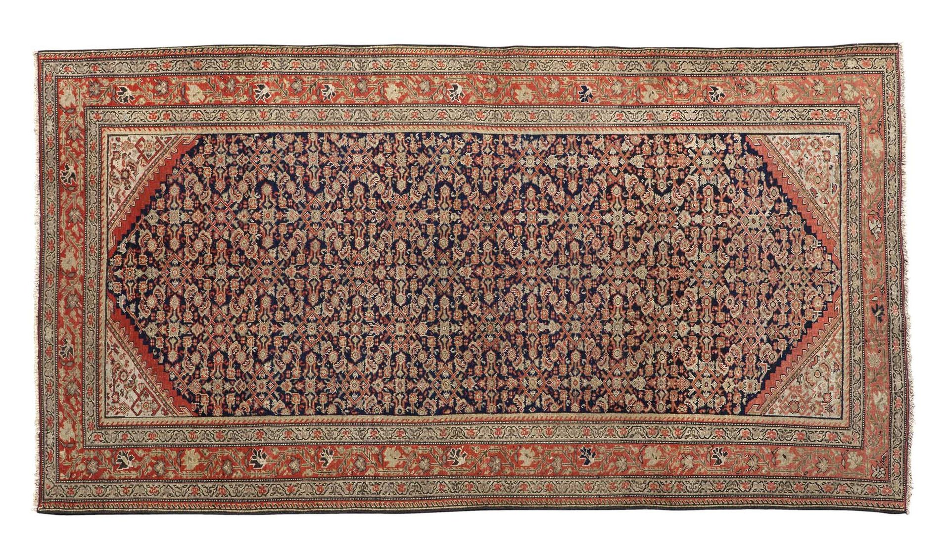 Null MELAYER地毯，（波斯），19世纪末

尺寸：191 x 120厘米

技术特点 : 羊毛丝绒，棉质基础。

午夜蓝色的场地，装饰着花架和被称为 &hellip;