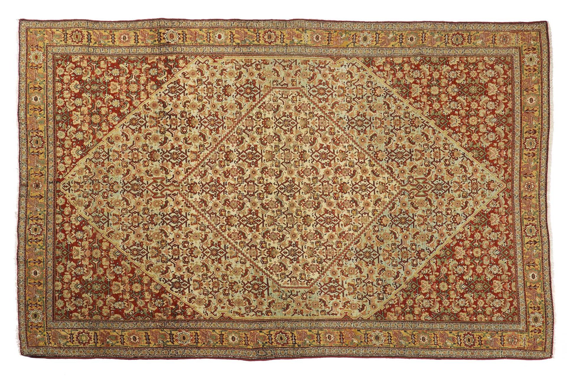Null 精美的SENNEH（波斯）地毯，19世纪末

尺寸：196 x 128厘米

技术特点 : 羊毛丝绒，棉质基础。

在开满千姿百态鲜花的砖地上，象牙色&hellip;
