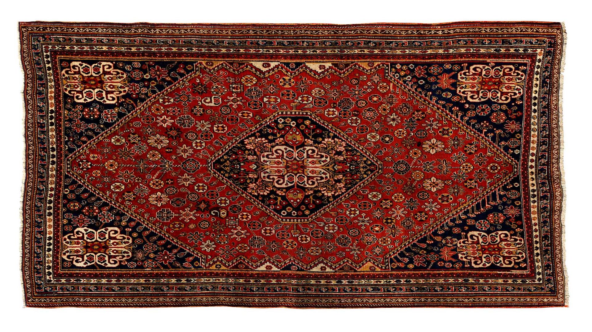 Null KASHGAI地毯（波斯），19世纪末

尺寸：214 x 131厘米

技术特点 : 羊毛丝绒，棉质基础。

四个深藏蓝色的窗台，上面有星星点点的花&hellip;
