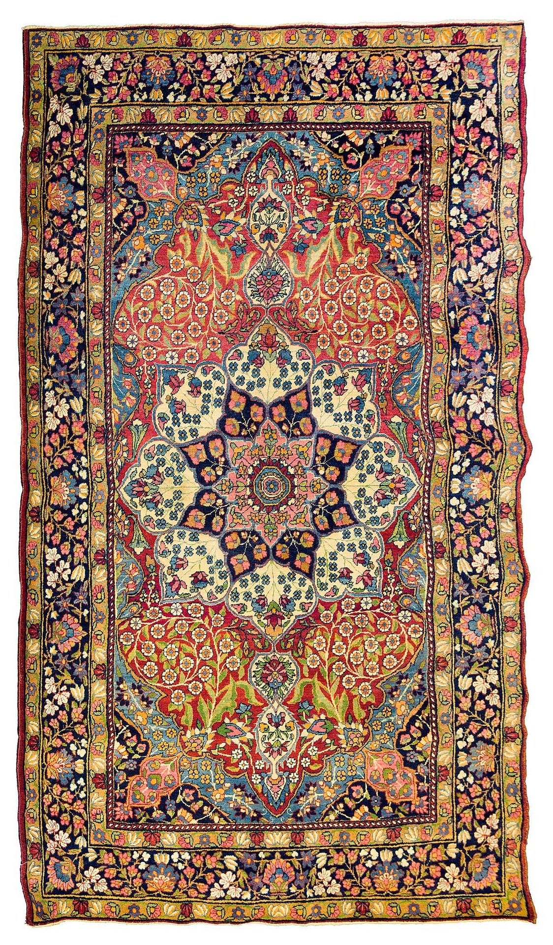 Null 基尔曼地毯（波斯），19世纪末，20世纪初

尺寸：230 x 140厘米

技术特点 : 羊毛天鹅绒，棉质底板。

一朵旺盛的多色花盛开在美丽的红色&hellip;