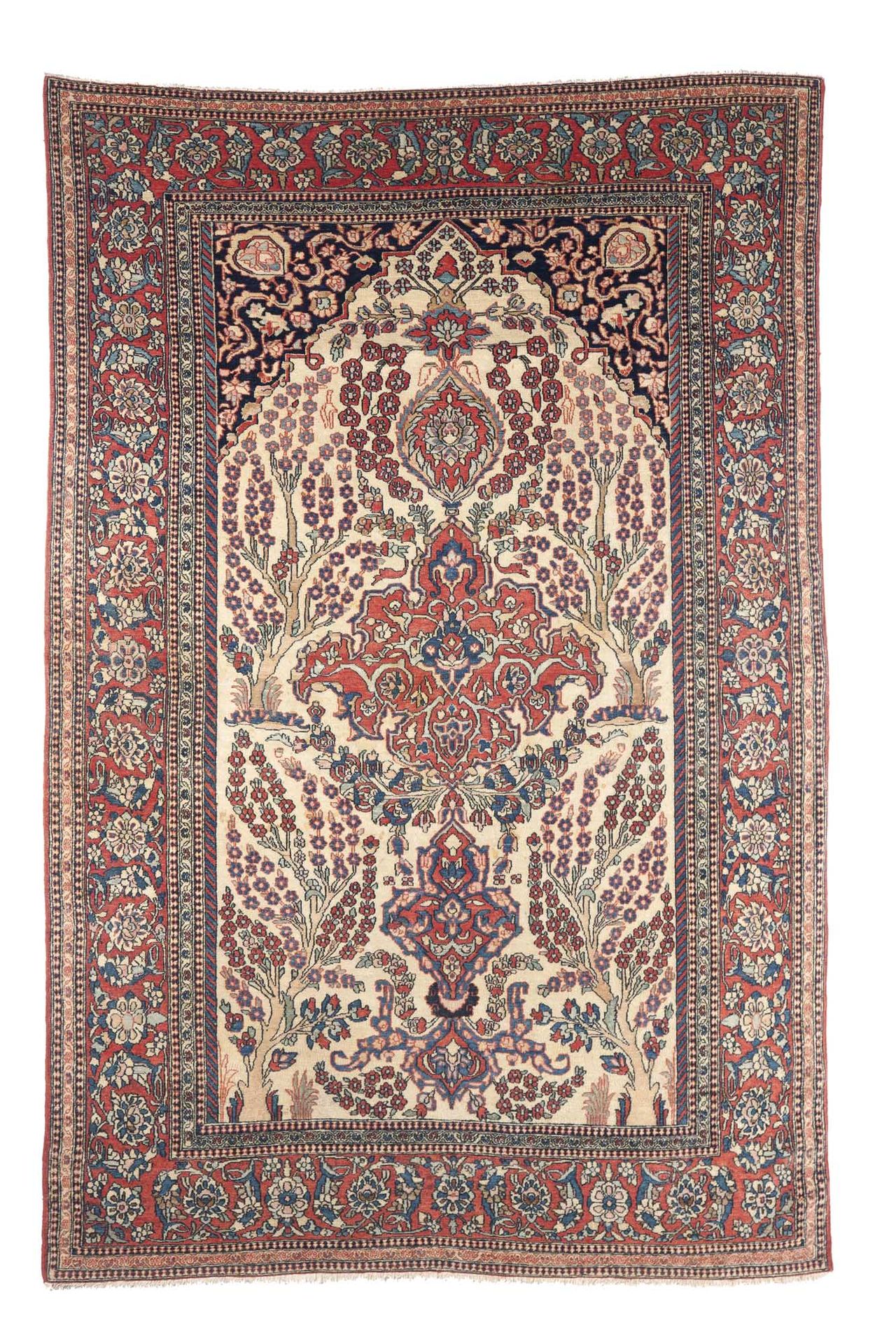 Null ISPAHAN地毯（波斯），19世纪末

尺寸：205 x 137厘米

技术特点 : 羊毛天鹅绒，棉质底板。

在四棵盛开的生命之树的环绕下，宏伟的&hellip;