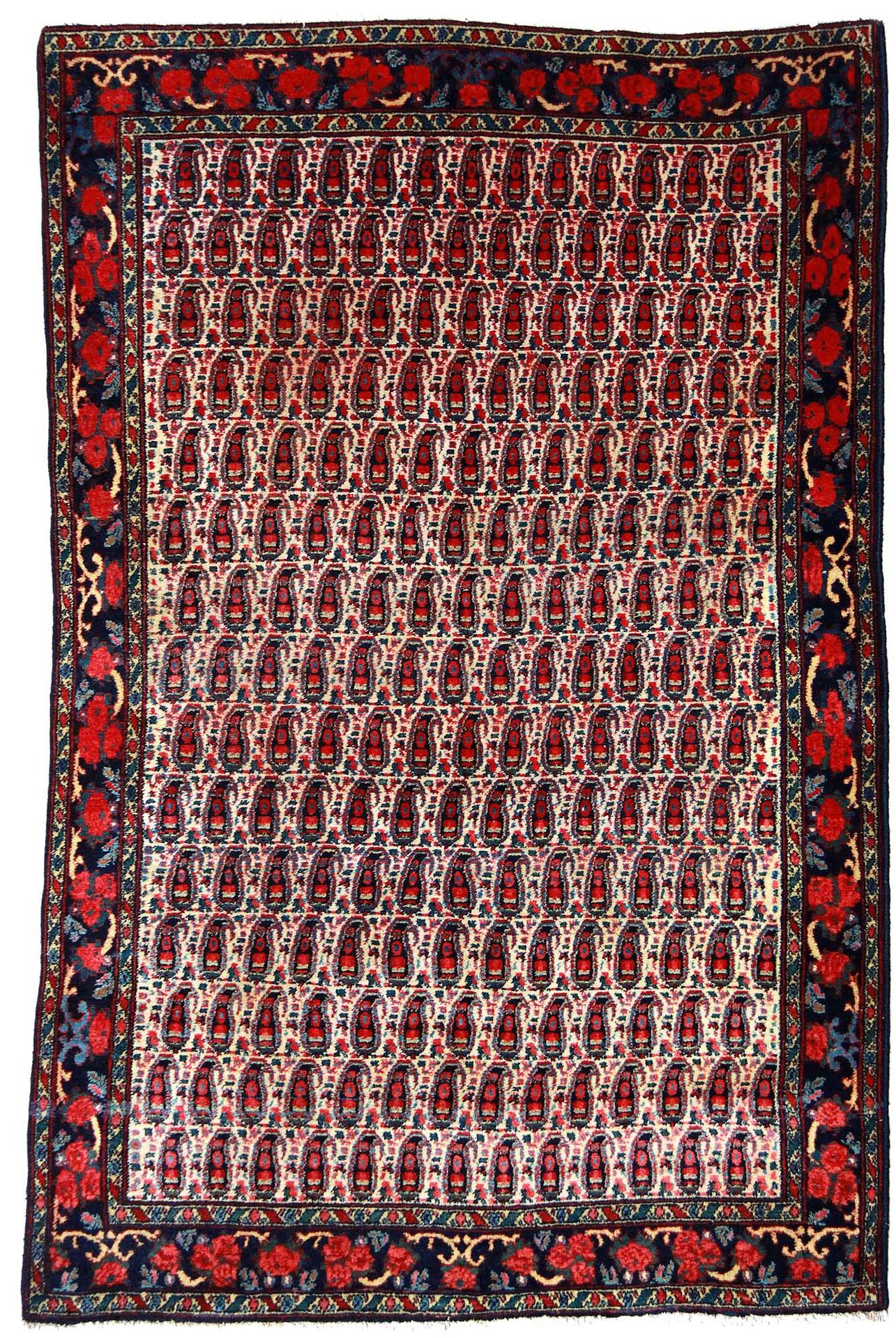 Null SENNEH地毯（波斯），20世纪中期

尺寸：202 x 144厘米

技术特点 : 羊毛天鹅绒，棉质底板。

象牙色的背景上有多色的棕榈树，周围有&hellip;