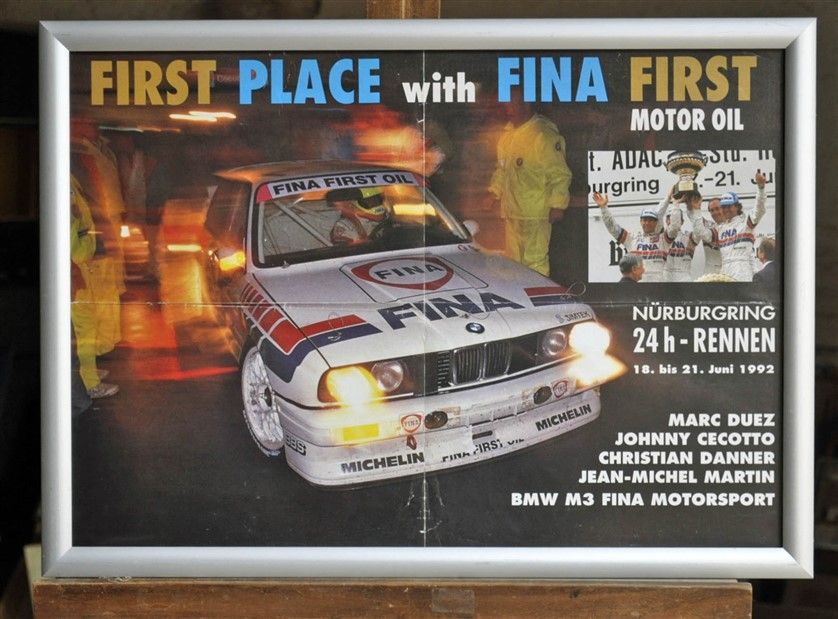 Null BMW M3 Fina, 1. 24h Nürburgring 1992. Gerahmtes Poster. 40x60cm