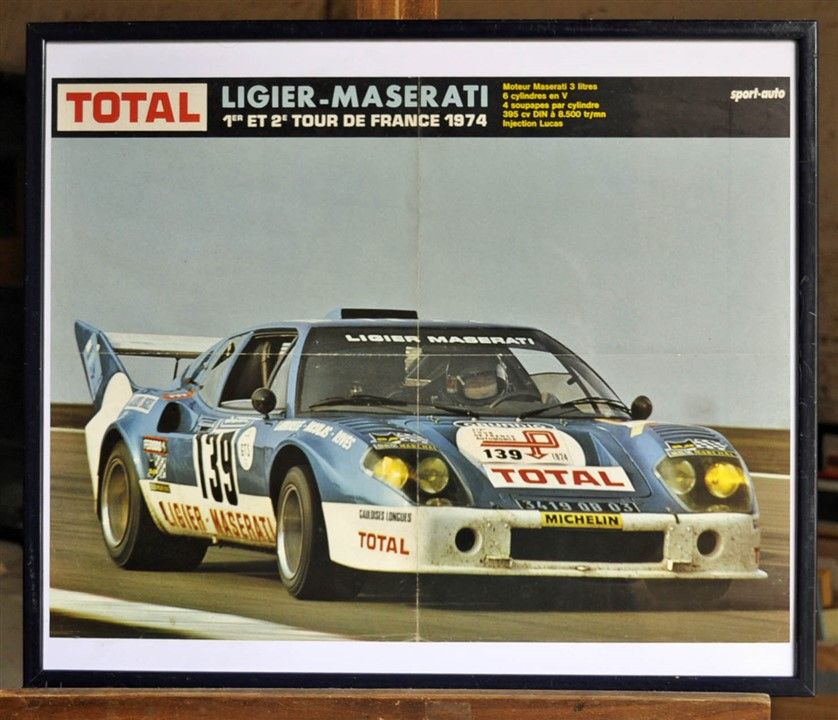 Null Ligier JS2 Maserati N° 139, 1st Tour de France 1974. Framed poster. 50x70cm