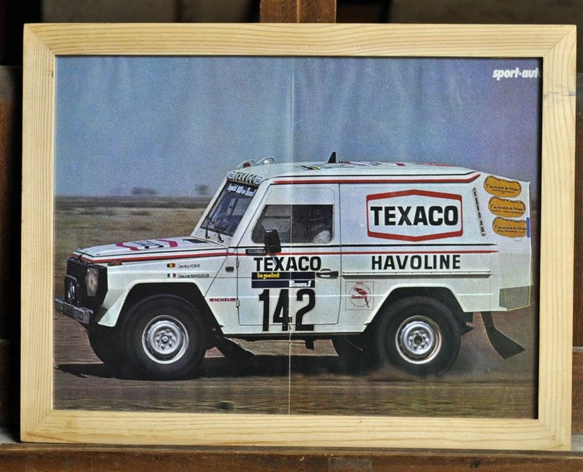 Null Mercedes 280 G Texaco, Ickx - Brasseur. Paris Dakar. Framed poster. 30x40cm
