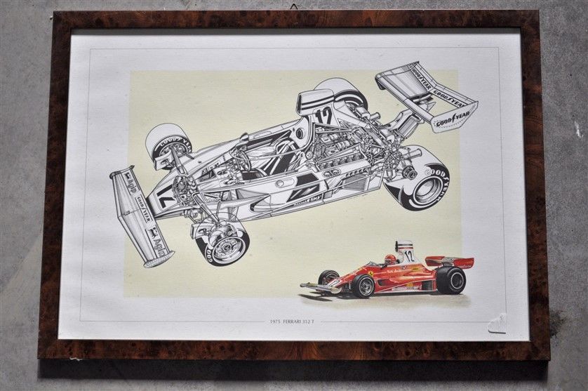 Null Lot von 7 gerahmten Stücken, Formel 1 Ferrari 1970er Jahre (37x52cm)