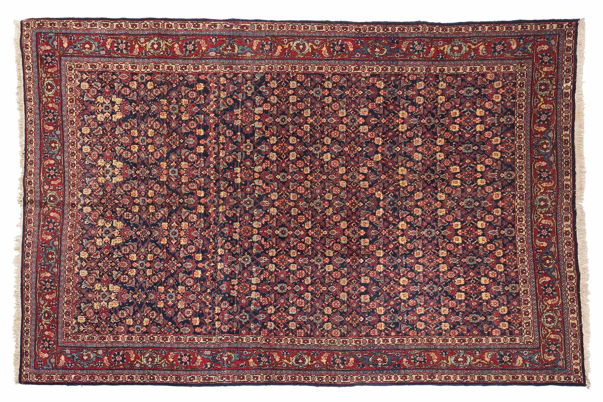 Null TABRIZ地毯（伊朗），约1930年

尺寸：345 x 251厘米。

技术特点 : 羊毛丝绒，棉质基础。

一块海军场地上有一株五颜六色的花苗，&hellip;