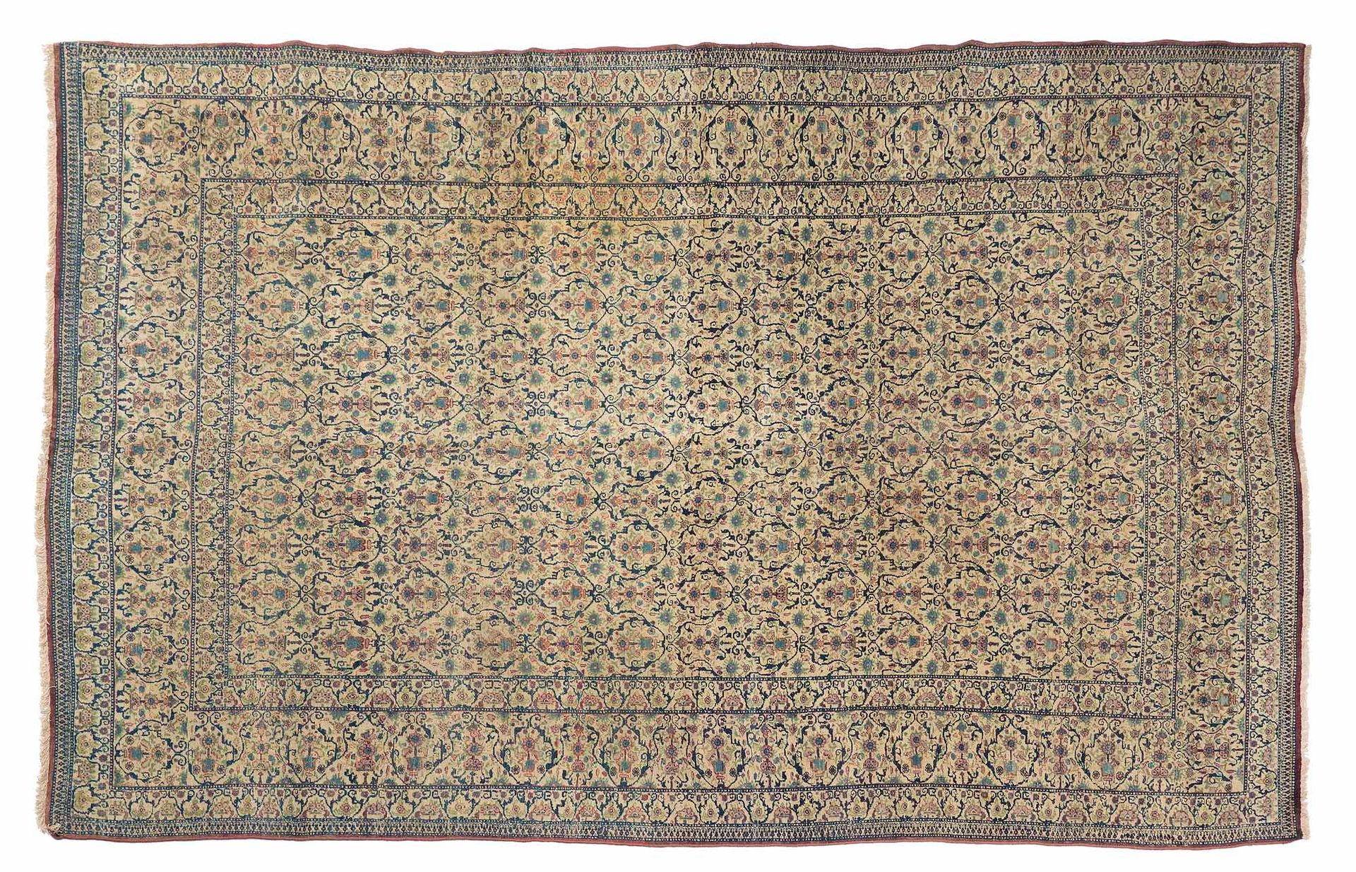 Null 德黑兰（波斯）地毯，19世纪末

尺寸：309 x 207厘米。

技术特点 : 羊毛天鹅绒，棉质底板。

地毯整体，包括场地、主边框和两个反边框，覆&hellip;