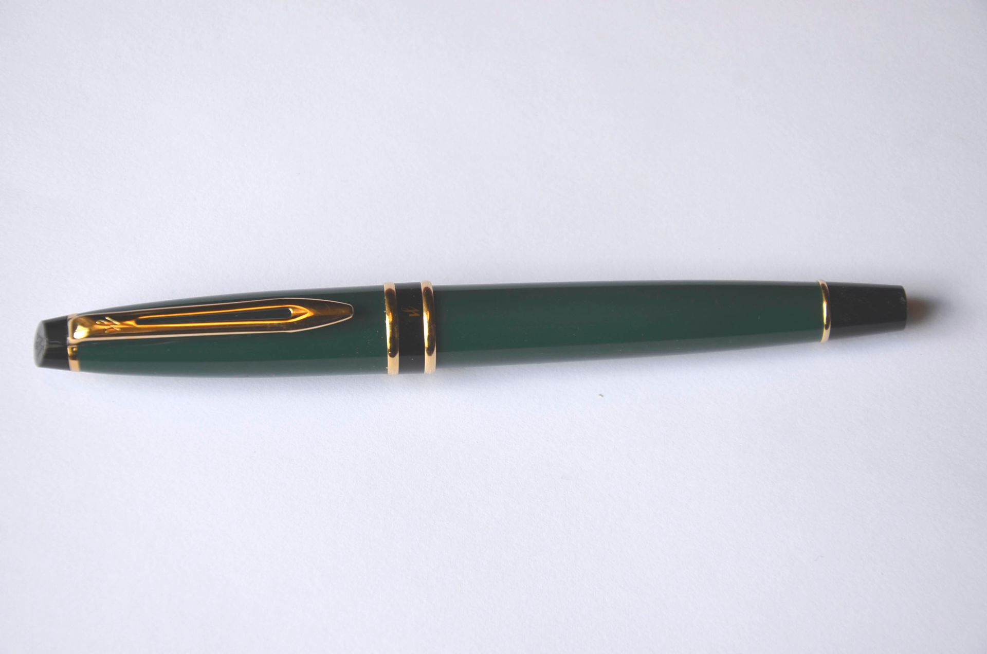 Penna stilografica Waterman, laccata nera, verde e oro