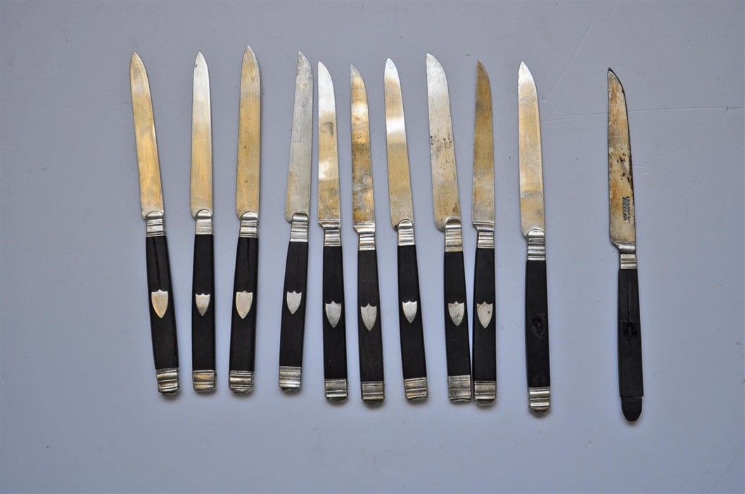 Null 10 coltelli in ebano e argento, inizio XIX secolo + 1 (incidente)