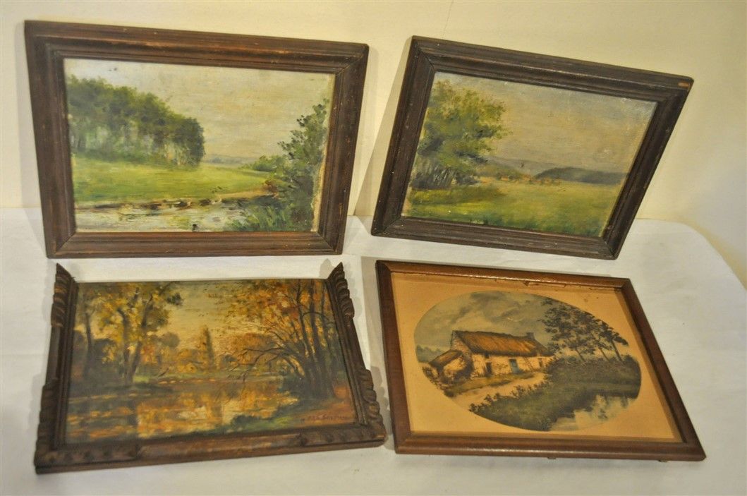 Null Lot of 4 small paintings with various landscapes (3 oils on panel + 1 drawi&hellip;