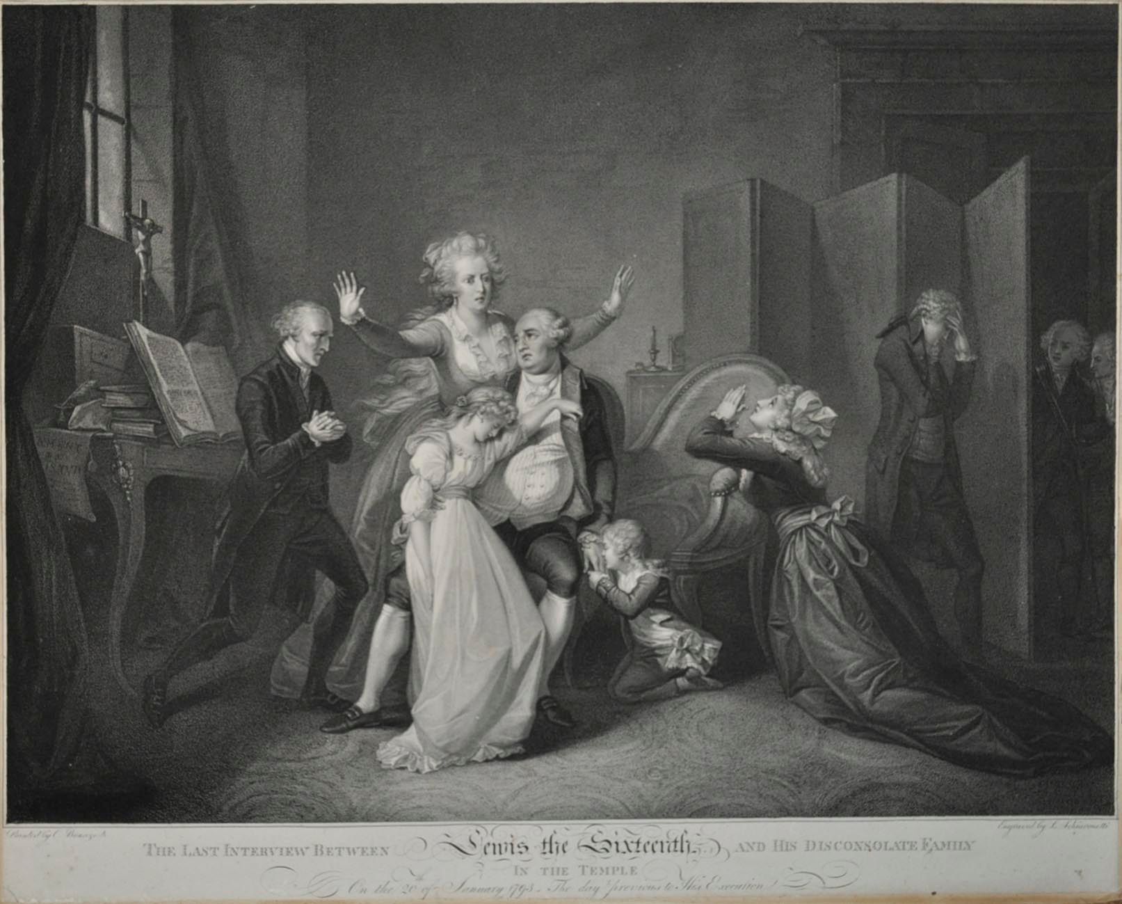 Null 路易十六和他的家人在圣殿中的分离，由贝纳泽克和斯基亚沃内蒂创作。英国雕刻。50 x 62 cm