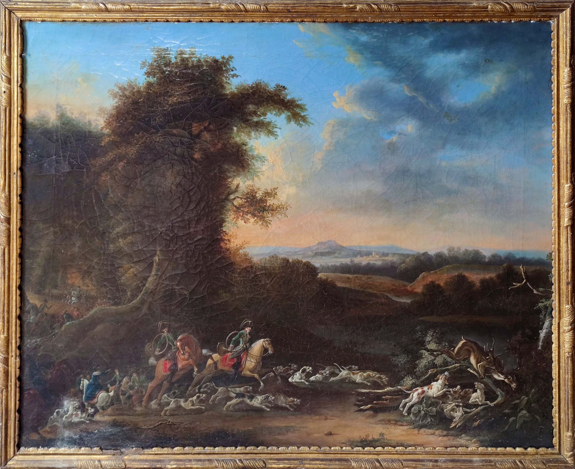 Null French school end of XVIII°, hunting scene. Oil on canvas. 82x94cm