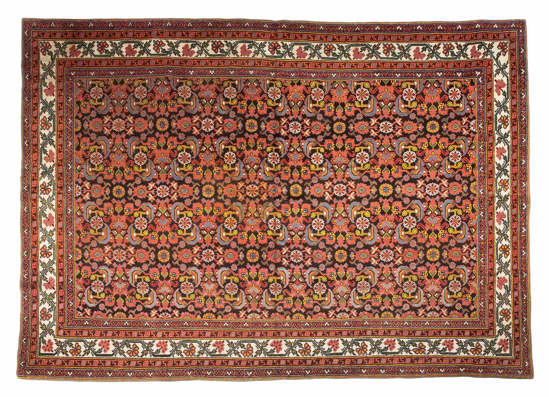 Null MIRZAPOUR地毯（印度），19世纪末

尺寸：305 x 230厘米。

技术特点 : 羊毛天鹅绒，棉质底板。

一个无烟煤的背景承载着一个风格&hellip;