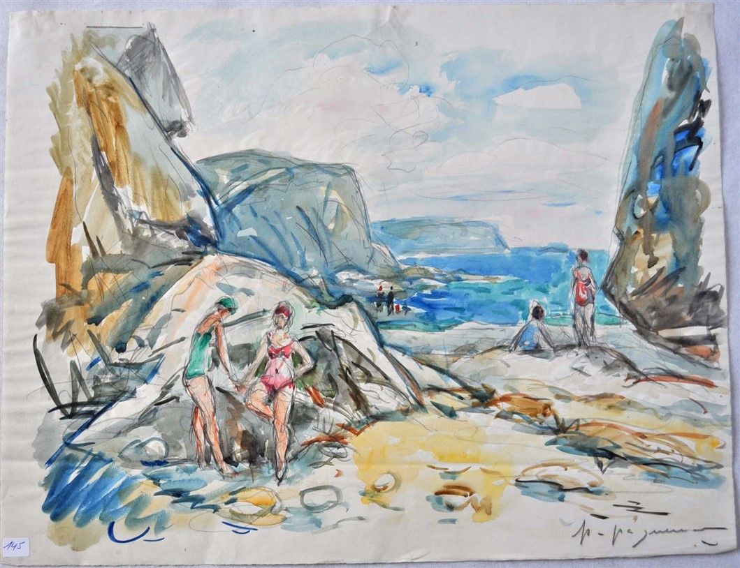 Null Paul PAQUEREAU. Bathers. Watercolor. Signed lower right. 40x52cm