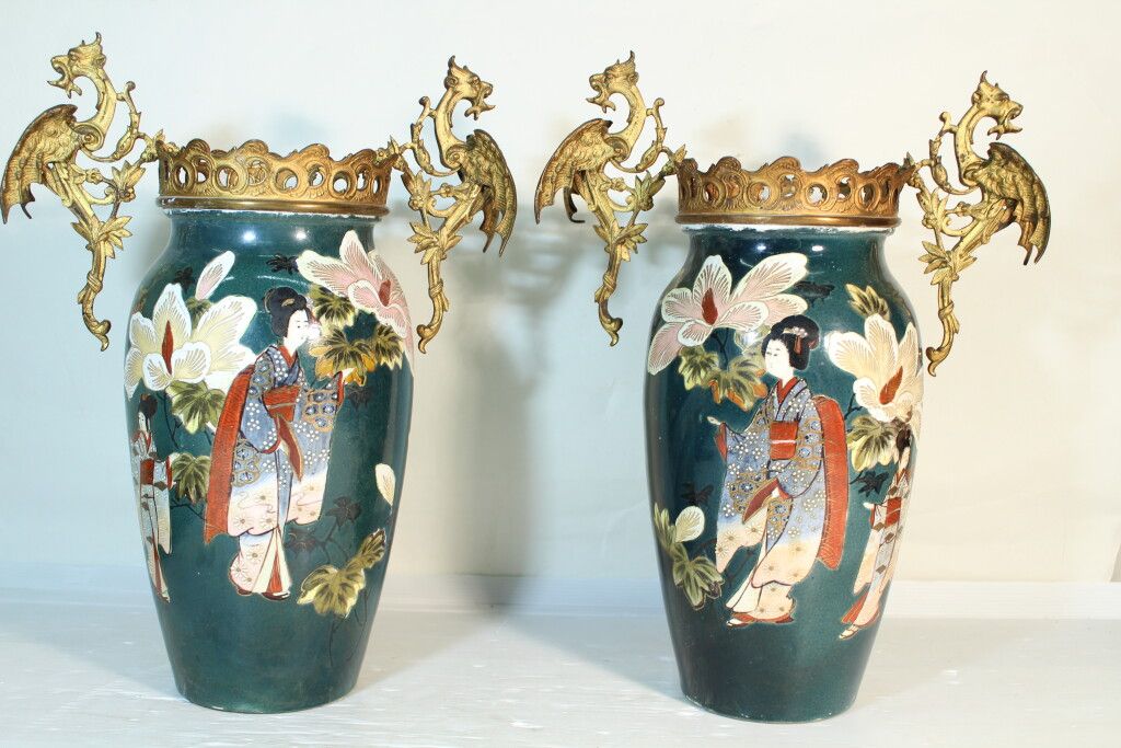 Null Japan. Pair of ceramic vases. Western brass mounting featuring winged drago&hellip;