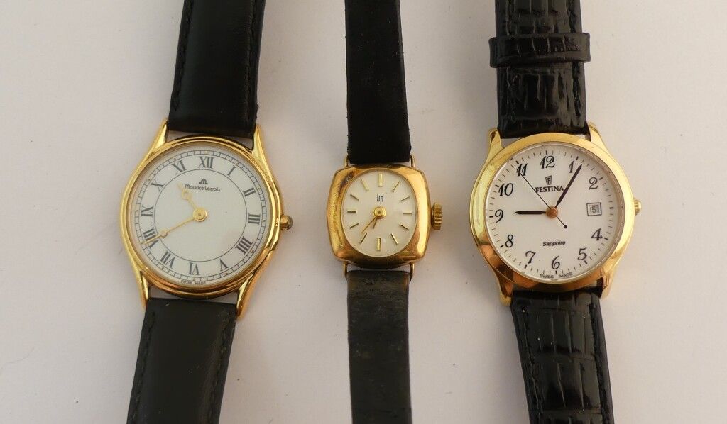 Null 嘴唇。黄金女士手表。皮带。PB。9g.联合2个镀金的手表。Festina和Maurice Lacroix。
