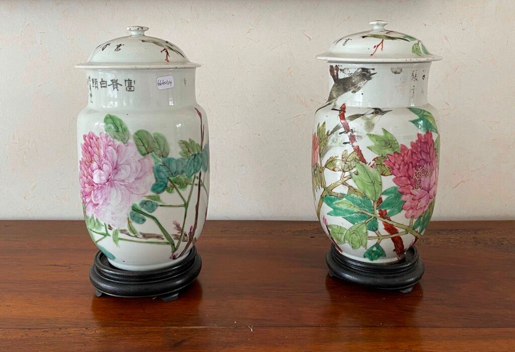 Null 亚洲艺术。两只瓷器盖壶，上面有树枝状的鸟。不含底座的高度：28厘米。(盖子上有一些缺口）。)