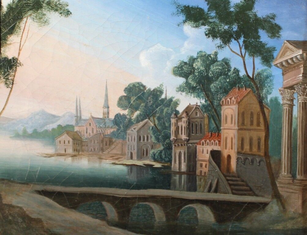 Null Schule um 1800. Blick auf eine Stadt. Öl auf Leinwand. 21 x 28 cm.