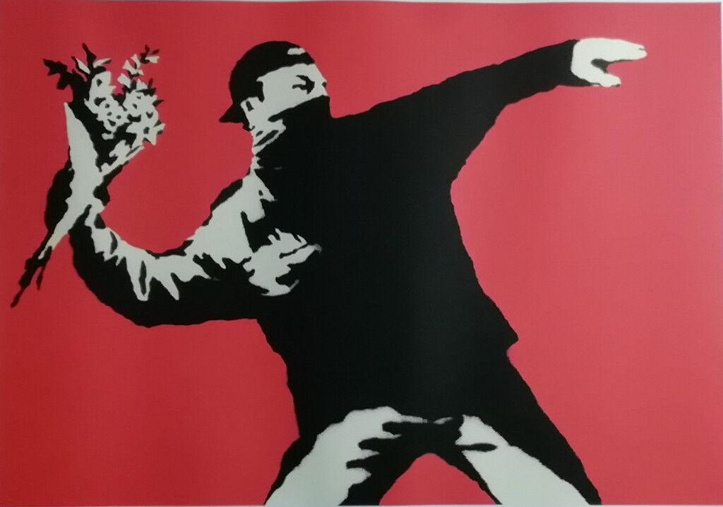 Null Banksy (1974 ) d'après. Flower thrower. Photolithographie , numérotée 77/15&hellip;
