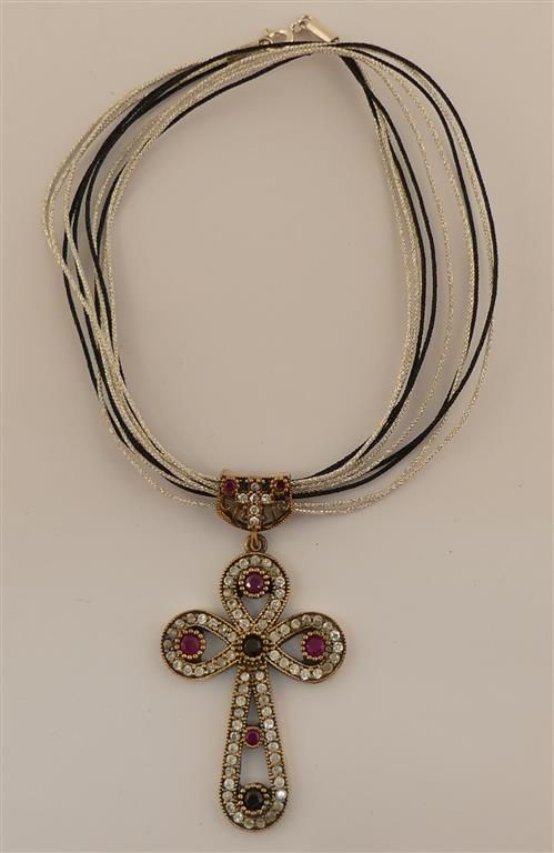Null Necklace, silk thread and cross pendant decorated with white stones. Gross &hellip;