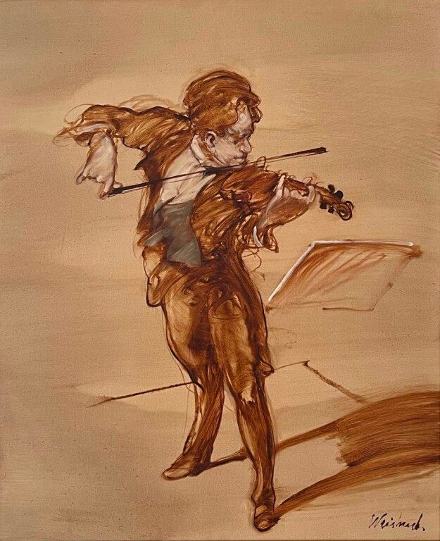 Null 克劳德-魏斯布赫。小提琴手。布面油画。已签名。65 x 54 cm。