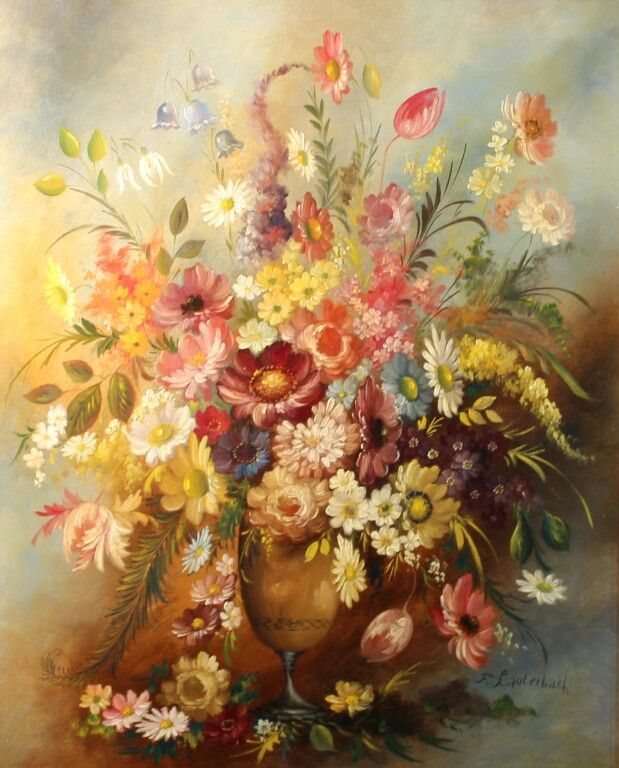 Null François Lauterbach. Stilleben mit Blumen. HSToile. 61 x 50 cm.