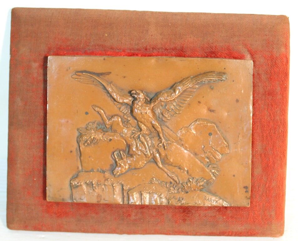 Null Barye. Scène animalière. Plaque en cuivre. Signée. 15 x 10 cm.