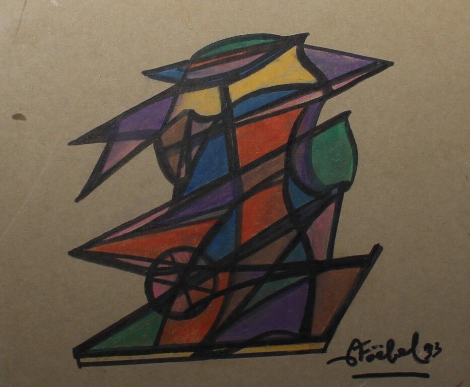 Null 埃德加-斯托贝尔（1909 - 2001）。图为综合。纸板上的水墨和粉笔画。日期为93年。20 x 25厘米。在玻璃下装裱。