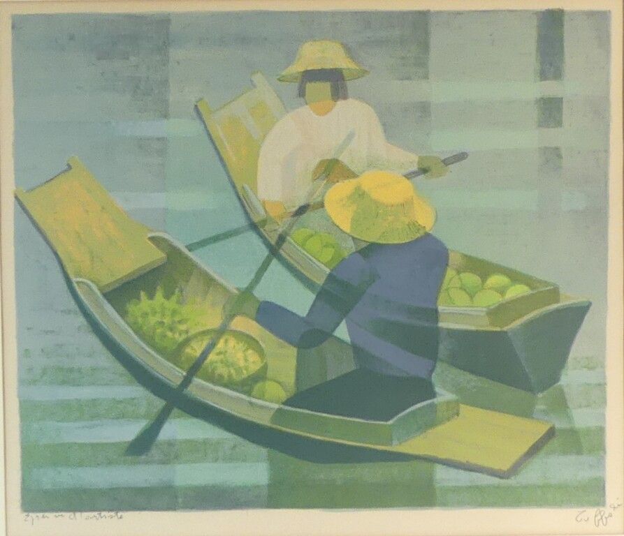 Null Toffoli. Floating market in Asia. Lithograph. Signed and marked E.A. 42 x 4&hellip;