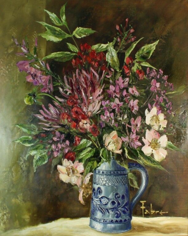 Null Gilles Fabre. Still life with flowers. HSToile. Signed. 81 x 65 cm.
