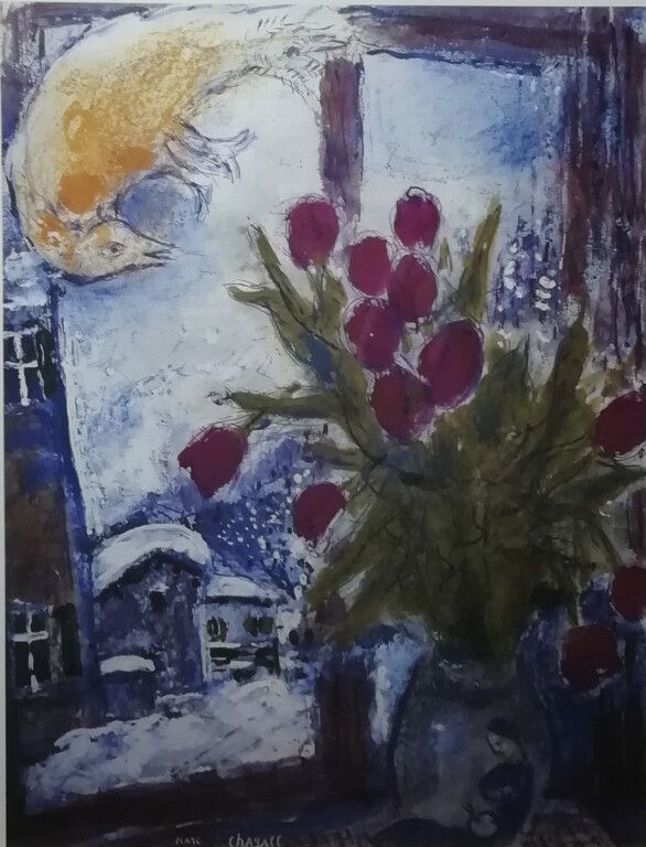 Null Marc Chagall ( 1887 - 1987) d'après. L'oiseau et le bouquet de fleurs. Esta&hellip;