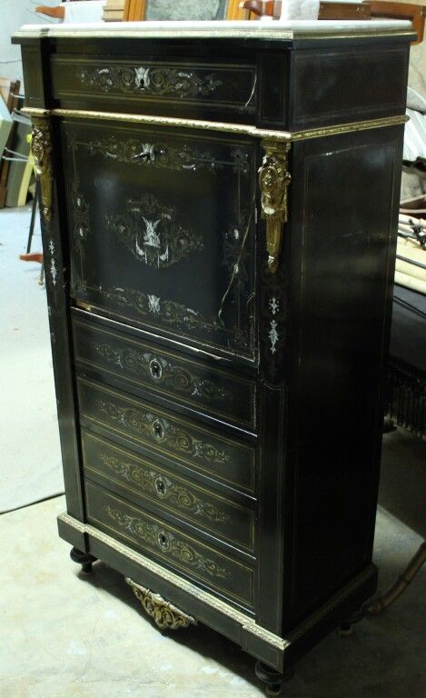 Null Blackened wood secretary with brass, mother-of-pearl and ivory marquetry. B&hellip;