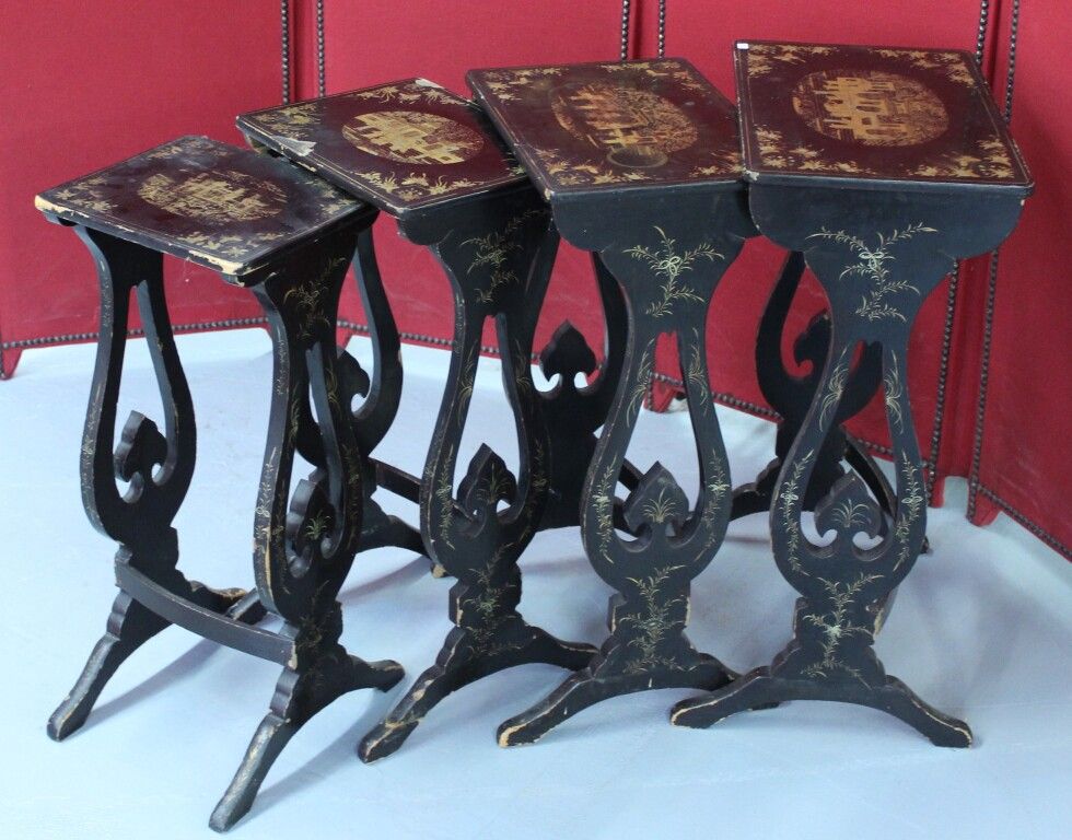 Null Set of 4 blackened wood nesting tables in the Japanese style. Around 1900. &hellip;
