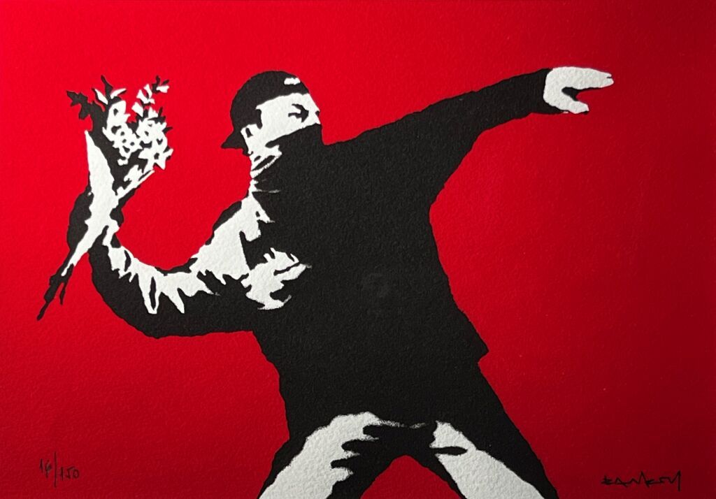 Null BANKSY, nato nel 1974 (dopo), Love in the air (Red 2003) Stampa a colori su&hellip;