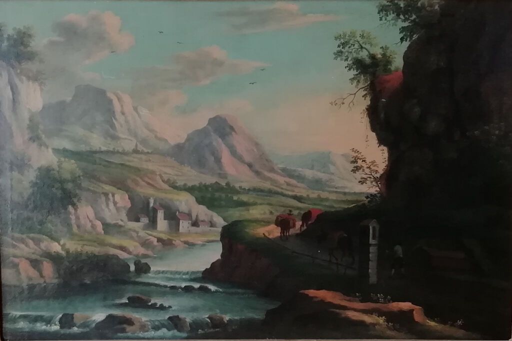 Null École italienne vers 1700. Paysage de montagne animé avec rivière. Huile su&hellip;