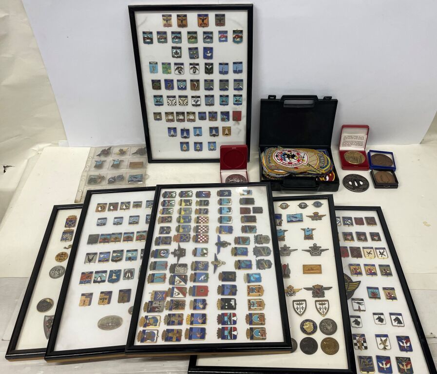 Null Lot d'insignes de type militaire (pins, badges, écussons, médailles).