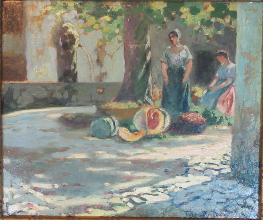 Null 安东尼-鲁-雷纳德（1870-1936）。 
阿维尼翁市场上的水果和蔬菜卖家。 
右下角签名的布面油画，38,5 x 46 cm + 框架。
法国画家&hellip;