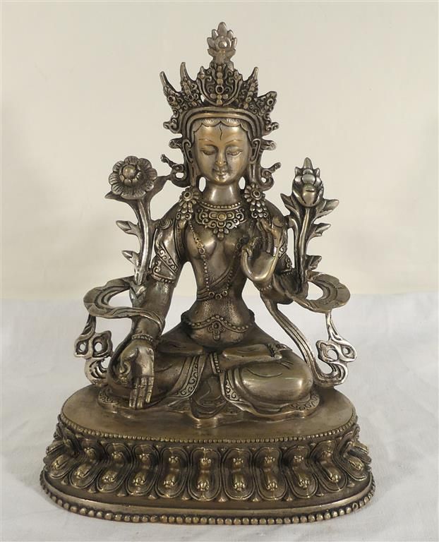 Null Asian art. White Tara sitting in dhyanasana on a lotus flower base. Silver &hellip;