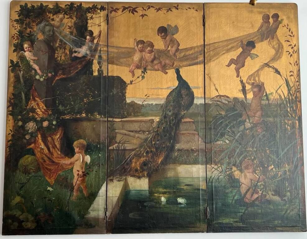 Null Angelo Trentin (1850 - 1912)，《天堂的寓言》，约1880年、 
油彩和黄金在画布上的三个活动板块由铰链连接，181 x 2&hellip;